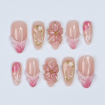Blush Bloom Elegance Press On Nails with 3D Floral Accents| Gold Details & Pink Ombre| Suitable for Wedding| Events or Gift for Her