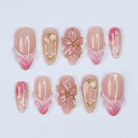 Blush Bloom Elegance Press On Nails with 3D Floral Accents| Gold Details & Pink Ombre| Suitable for Wedding| Events or Gift for Her