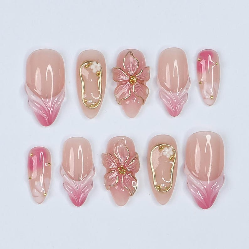 Blush Bloom Elegance Press On Nails with 3D Floral Accents| Gold Details & Pink Ombre| Suitable for Wedding| Events or Gift for Her