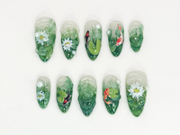 Nature Koi Fish Press On Nails | Realistic Pond & Fish Nail Design | Natural Landscape Nail Art | Custom Hand-Painted Green Nails | JB669HC