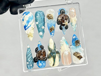 Under the Sea Press On Nails | Sea Turtle 3D Nail Art | Beach Theme Press Ons | Mermaid Core Fake nails | Blue Beach Vibes Nails | HB948YC