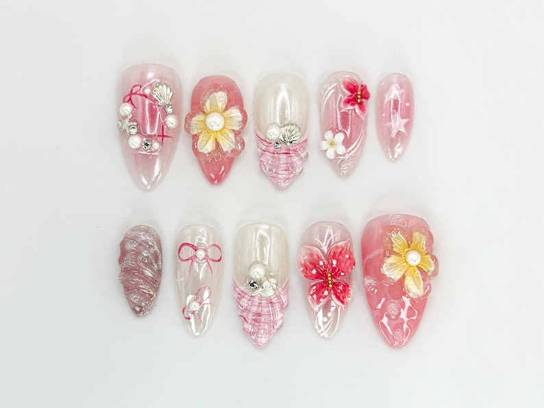 Blush Pink Custom Press On Nails | Handcrafted Floral & Pearl Nail Art | Romantic French Tip Design | Pastel Dream Nail Set | JC662HK
