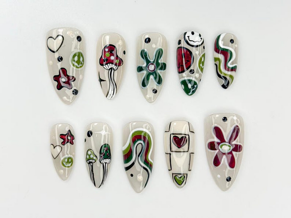 Y2K Hippie Mushroom Press On Nails | Retro Swirl Heart Flower Tips | 3D Groovy Psychedelic Nail Art | Peace Sign Pop Art Nails | JB825H