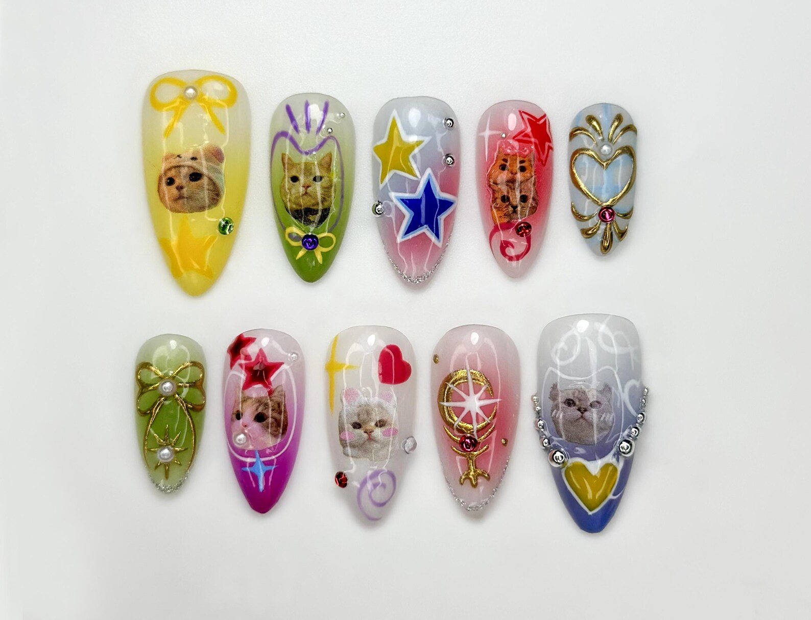 Kawaii Cat Press On Nails | Y2K Cute Kitty Nails | Colorful Nails | Harajuku Pop Nail Art | Handmade Cute Press Ons | JB313HC
