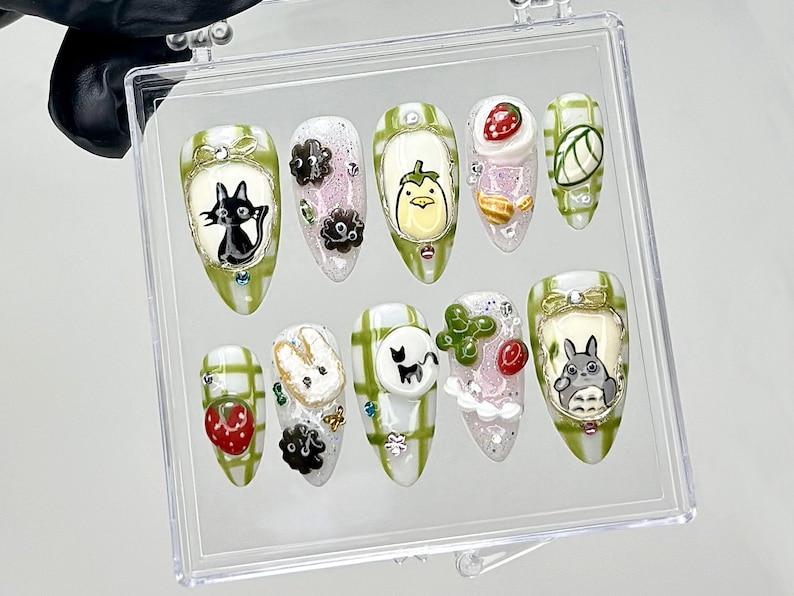 My Neighbor Totoro Press On Nails | Kawaii Ghibli Fake Nails | Totoro, Jiji, Soot Sprites Nail Art | Trendy Cartoon Kawaii Nails | HB909YC