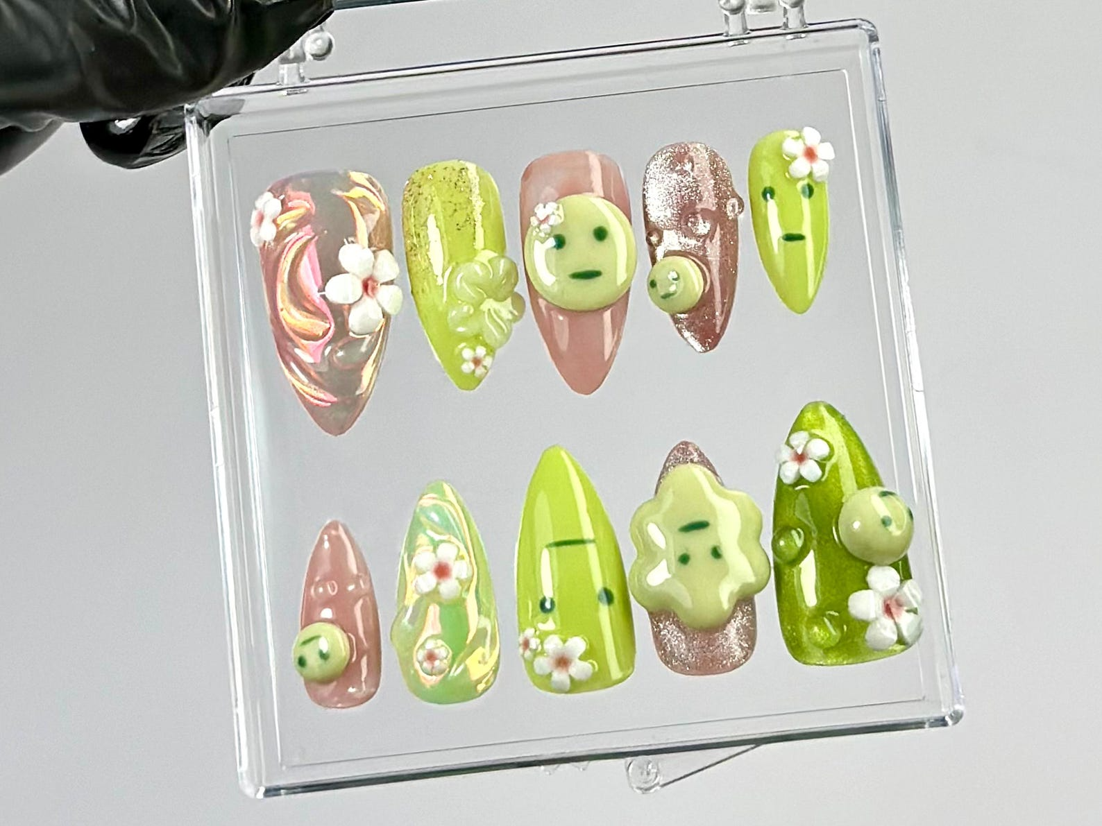 Kawaii Green Press On Nails by Dory Nails | Green & Pink 3D Nail Art | Whimsical 3D Fake Nails | Kawaii Nails with Flowers | Gifts | HC790YK