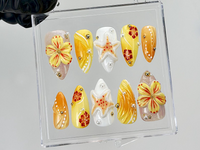 Tropical Summer Press On Nails | 3D Flower & Starfish Fake Nails | Beach Vibes Nail Art | Orange Yellow Floral Press Ons | Summer | HB881YK