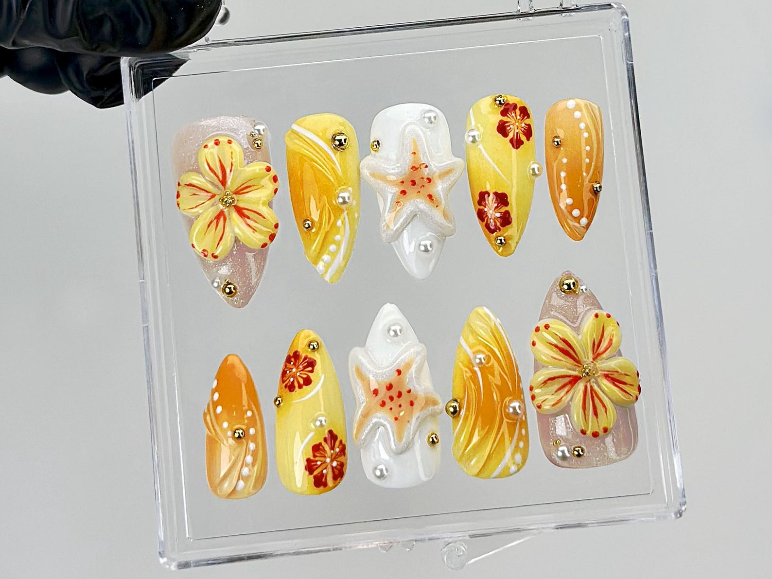 Tropical Summer Press On Nails | 3D Flower & Starfish Fake Nails | Beach Vibes Nail Art | Orange Yellow Floral Press Ons | Summer | HB881YK