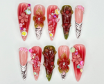 Bold Bloom Jungle Press On Nails | 3D Red Floral & Butterfly Nail Art | Zebra Print French Tips | Tropical Jungle Nail Design | JC925EK
