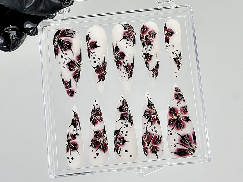 Black Red Flower Press On Nails |Gothic Floral Fantasy Nail Art |Handmade Dark Nails |HB888YC