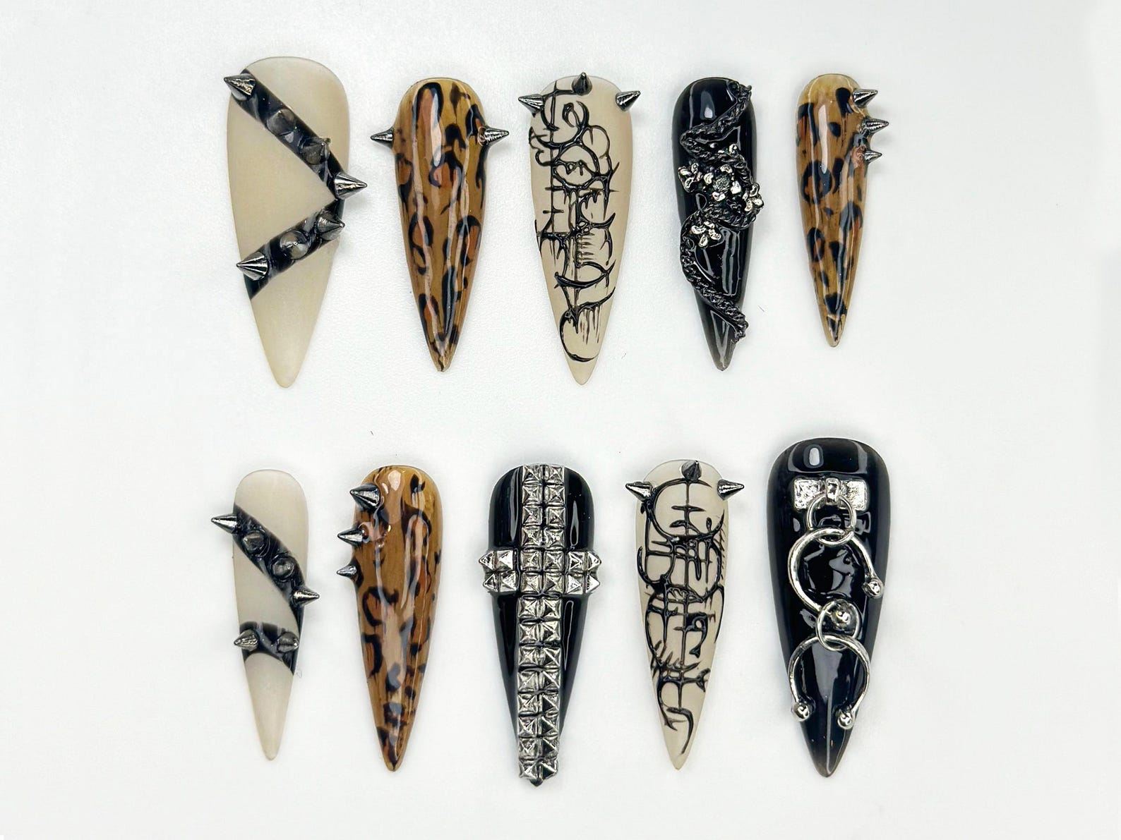 Gothic Punk Stiletto Press On Nails | Leopard Chrome Nail Art | Edgy Studded Nail Design | Alt Fashion Black Nails | JB827HC