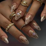 Luxury Nude Gold Almond Nails | Nude & Gold Celestial Nail Set | Handmade Chrome Swirl Nails | Elegant Cosmic Nails | JC792H