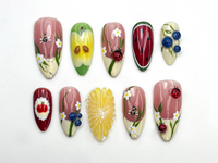 Garden Picnic Press On Nails | Fruit & Floral Summer Nail Art | 3D Ladybug And Lemon Nails | Handmade Berry Picnic Nail Tips | JC799HK