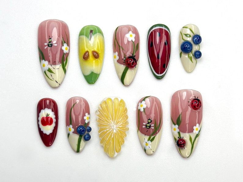 Garden Picnic Press On Nails | Fruit & Floral Summer Nail Art | 3D Ladybug And Lemon Nails | Handmade Berry Picnic Nail Tips | JC799HK