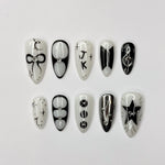 JungKook Inspired Black & White Nails | Kpop JK Solo Era Press Ons | Y2K Star and Bow Nails | Musical Note Gothic Press Ons | JC364IK