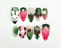 Strawberry Bunny Dreams Press On Nails | Cute 3D Fruit Nail Art | Sweet Berry Theme Nails | Pink 3D Kawaii Nails | JB923EC