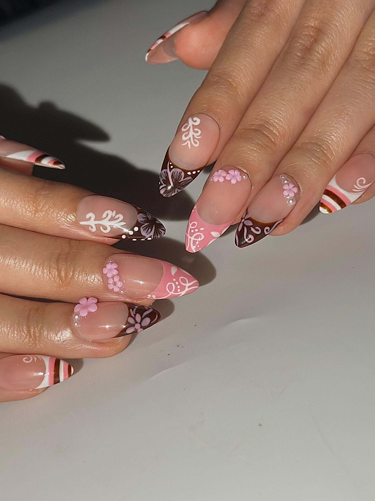 Pink Brown Floral Press On Nails | Cute Pink Nail Art | Sweet Dessert Inspired Nails | 3D Flower Nail Set | Handmade Press Ons | HC1298HK