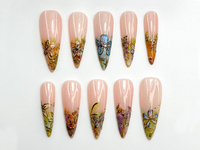 Gold Foil Floral Press On Nails | Vintage Garden Nails | Nude Gradient Floral Nails | Long Press On Nails | Botanical Press Ons | JC773HC