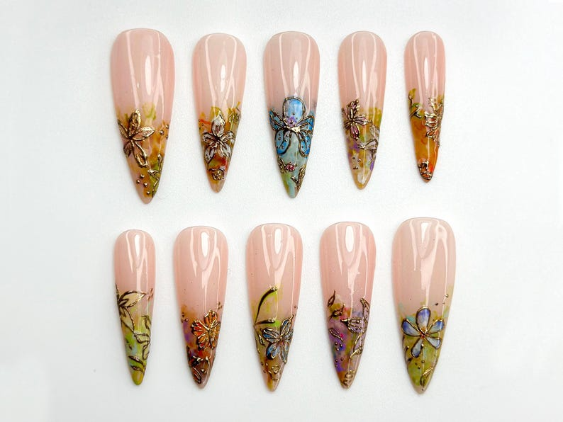 Gold Foil Floral Press On Nails | Vintage Garden Nails | Nude Gradient Floral Nails | Long Press On Nails | Botanical Press Ons | JC773HC