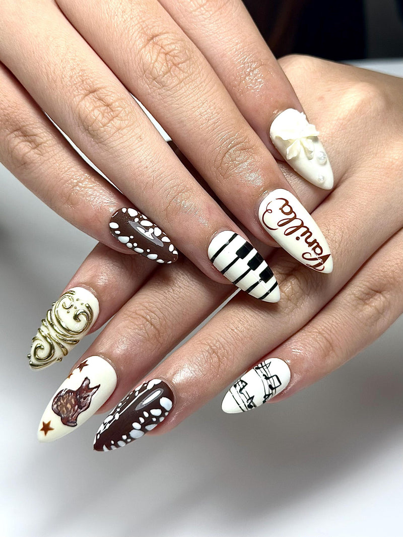 Brown Deer Press On Nails | Piano Note Nail Art | Elegant White Brown Nails | 3D Flower Gold Detail Nails | Handmade Press Ons | HB1307IC