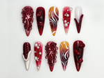 Pomegranate Lava Press On Nails | Deep Red Chrome Fruit Nails | 3D Pearl Fire Nail Art | Garnet Gradient Press Ons | Artistic Red | JB858H