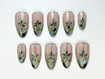 Stained Glass Floral Press On Nails | Neutral Floral Press Ons | Nude & Metallic Fake Nails |Elegant Bridal Nail Art |Wedding Nails |HB778YC