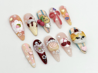 Kawaii Dessert Cat Press-On Nails | Handmade Cute Cat Nail Art | Cute 3D Kawaii Dessert Nail | 3D Handmade Nail | Elegant Nail Art | JB593HC