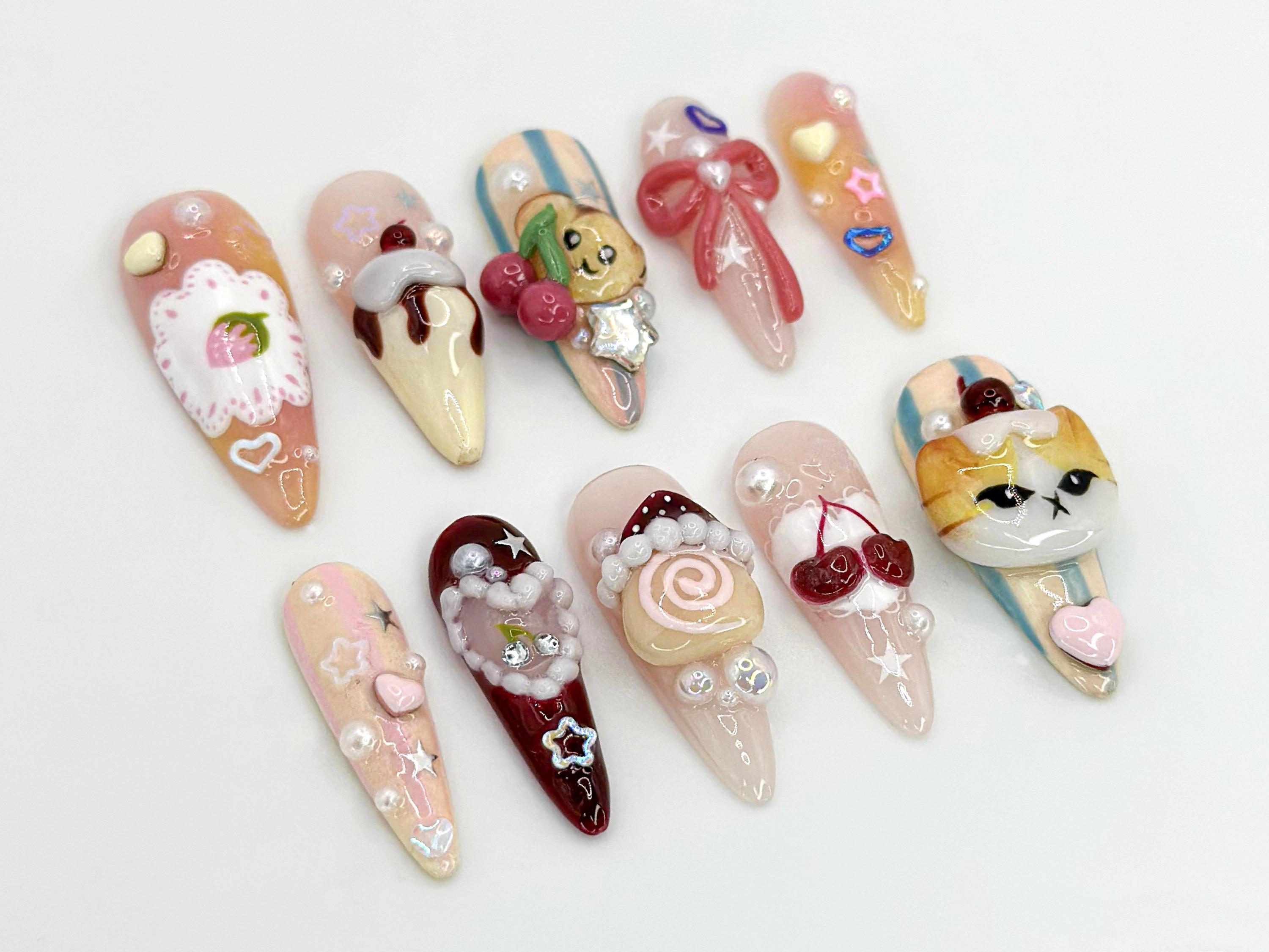 Kawaii Dessert Cat Press-On Nails | Handmade Cute Cat Nail Art | Cute 3D Kawaii Dessert Nail | 3D Handmade Nail | Elegant Nail Art | JB593HC