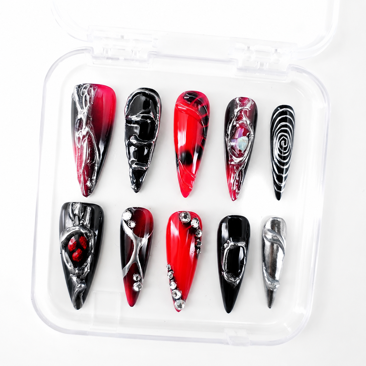 Allure of the Dark Night: Black & Red Metallic 3D Nail Art ¡ª A Storm of Coolness: Ultimate Black-to-Red Gradient with 3D Embellishments/001