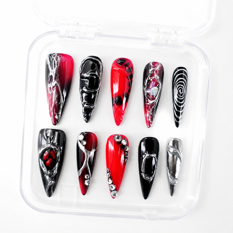 Allure of the Dark Night: Black & Red Metallic 3D Nail Art ¡ª A Storm of Coolness: Ultimate Black-to-Red Gradient with 3D Embellishments/001
