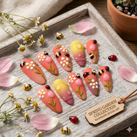 3D Bee & Ladybug Press-On Nails Spring Floral Insect Fake Nails 3D Tulip & Daisy Nail Art Set Cute Pastel Garden Nails/014