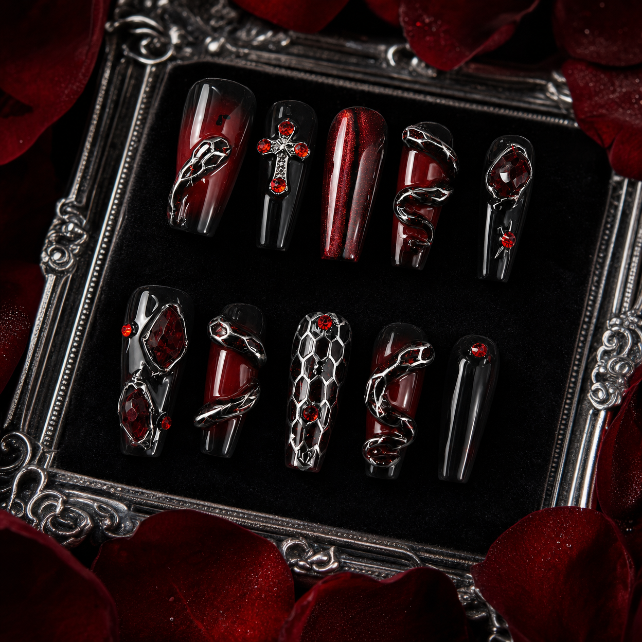 Dark Elegance Nails ¨C Luxury Gothic Chic Press-Ons Black-to-Gray Gradient Nails with Metallic 3D Accents Rebel & Glam ¨C Reusable Stick-On Luxury Nails/0003