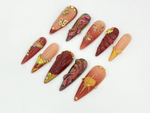 Glamorous Burgundy Press On Nails | Gothic Floral, Butterfly Design | Burgundy & Gold Accents | | Elegant Gold Design | Trendy Nail | JB679H