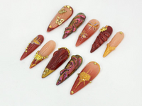 Glamorous Burgundy Press On Nails | Gothic Floral, Butterfly Design | Burgundy & Gold Accents | | Elegant Gold Design | Trendy Nail | JB679H