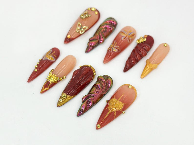 Glamorous Burgundy Press On Nails | Gothic Floral, Butterfly Design | Burgundy & Gold Accents | | Elegant Gold Design | Trendy Nail | JB679H