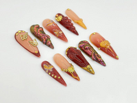 Glamorous Burgundy Press On Nails | Gothic Floral, Butterfly Design | Burgundy & Gold Accents | | Elegant Gold Design | Trendy Nail | JB679H