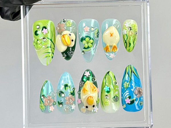 Whimsical Duck Almond Nails | Fairy-Tale Pond Nail Art | Artistic Cottagecore Fake Nails | Fantasy Water-Themed Nails |Kawaii Nails |HB765YC