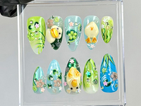 Whimsical Duck Almond Nails | Fairy-Tale Pond Nail Art | Artistic Cottagecore Fake Nails | Fantasy Water-Themed Nails |Kawaii Nails |HB765YC