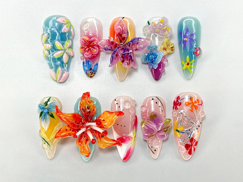 Colorful 3D Floral Press-On Nails | Garden-Themed Floral & Butterfly Design | Whimsical Butterfly Nail Art | Handmade Blooming Nail| JA686HC