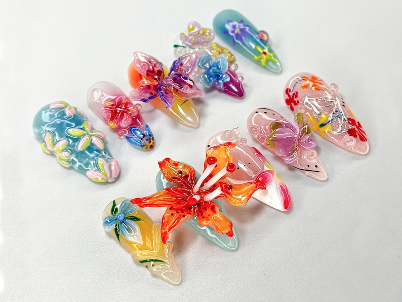 Colorful 3D Floral Press-On Nails | Garden-Themed Floral & Butterfly Design | Whimsical Butterfly Nail Art | Handmade Blooming Nail| JA686HC