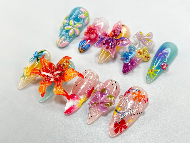 Colorful 3D Floral Press-On Nails | Garden-Themed Floral & Butterfly Design | Whimsical Butterfly Nail Art | Handmade Blooming Nail| JA686HC
