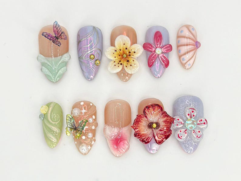 Spring 3D Floral Press On Nails | Handmade Butterflies Nail Art | Elegant & Soft Pastel Nail Design | Handmade Luxury Nails | JC684H
