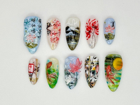 Japanese-Inspired Koi Fish Almond Nails | Asian-Inspired Scenic Fake Nails | Serene Waters Nail Art | Lotus and Bamboo Fake Nails | HB716YC