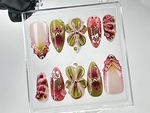 Artistic Floral Press On Nails | Green Floral, Pink Rose Nail Design | 3D Flower & Gradient Fake Nails | Spring Blossom Nails | HB697YC