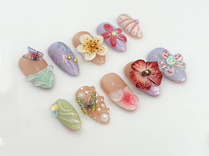 Spring 3D Floral Press On Nails | Handmade Butterflies Nail Art | Elegant & Soft Pastel Nail Design | Handmade Luxury Nails | JC684H
