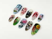 Japanese-Inspired Koi Fish Almond Nails | Asian-Inspired Scenic Fake Nails | Serene Waters Nail Art | Lotus and Bamboo Fake Nails | HB716YC