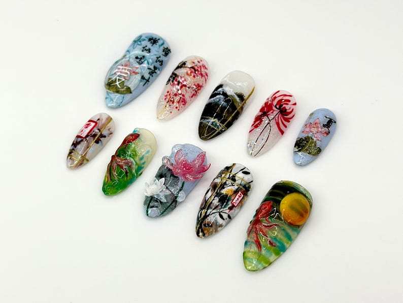 Japanese-Inspired Koi Fish Almond Nails | Asian-Inspired Scenic Fake Nails | Serene Waters Nail Art | Lotus and Bamboo Fake Nails | HB716YC