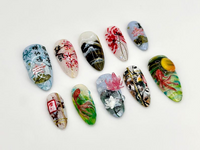 Japanese-Inspired Koi Fish Almond Nails | Asian-Inspired Scenic Fake Nails | Serene Waters Nail Art | Lotus and Bamboo Fake Nails | HB716YC