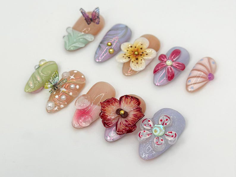 Spring 3D Floral Press On Nails | Handmade Butterflies Nail Art | Elegant & Soft Pastel Nail Design | Handmade Luxury Nails | JC684H