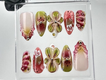 Artistic Floral Press On Nails | Green Floral, Pink Rose Nail Design | 3D Flower & Gradient Fake Nails | Spring Blossom Nails | HB697YC